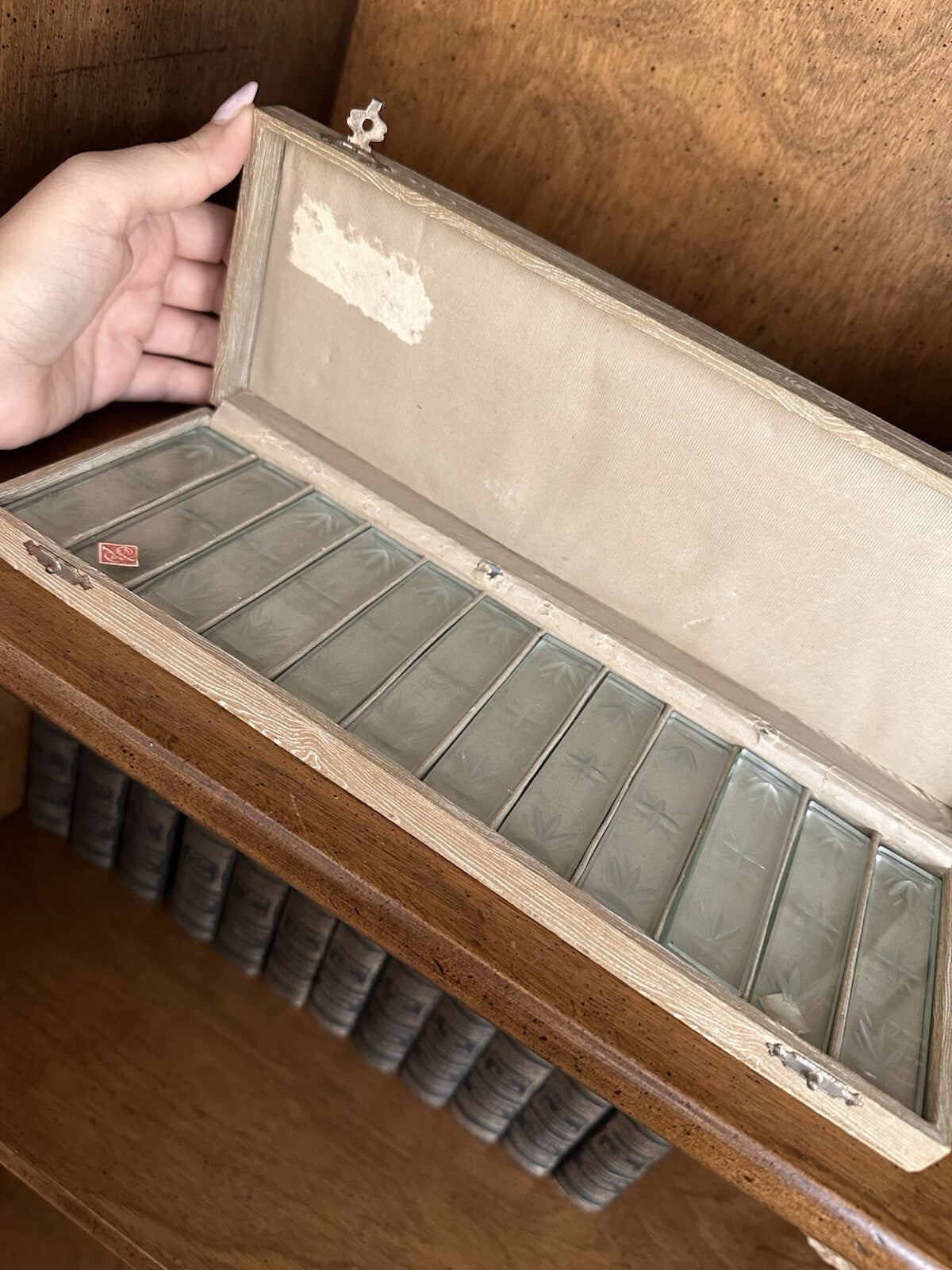Vintage set of 12 etched glass knife rests in original box, photo 6