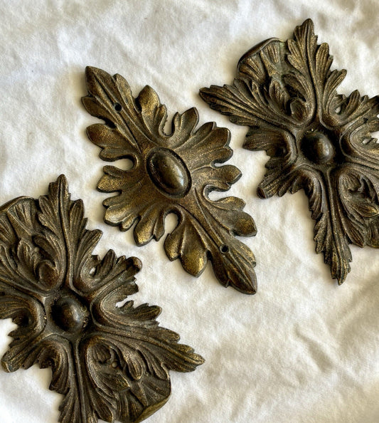 Antique Set 3 Brass Furniture Mounts Acanthus Leaf Ormolu Appliques European