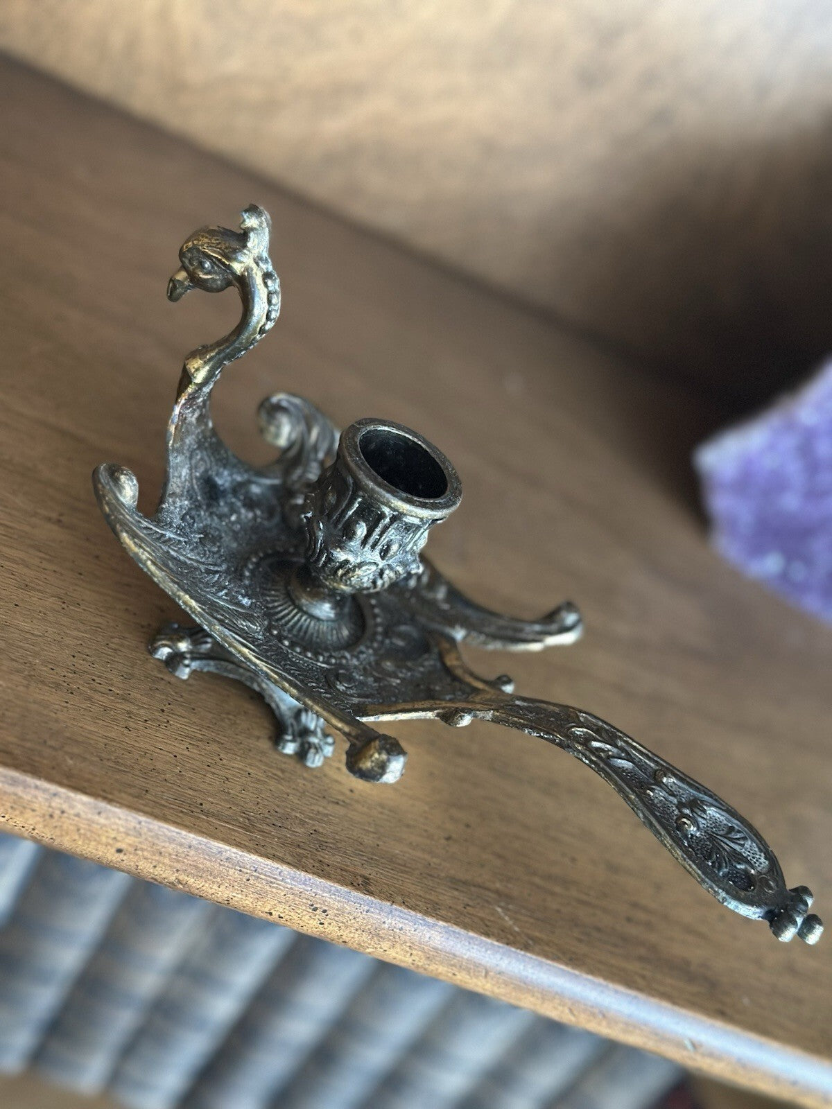 Vintage Italian brass peacock chamberstick candle holder, photo 2