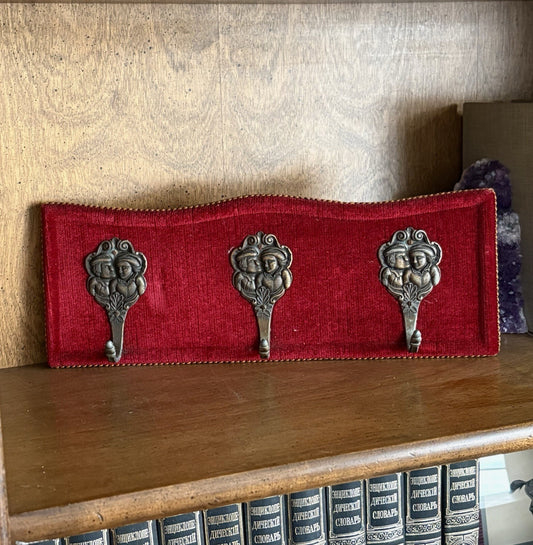 Vintage 1950s Brass Figural Wall Hooks Red Velvet Coat Rack European MCM