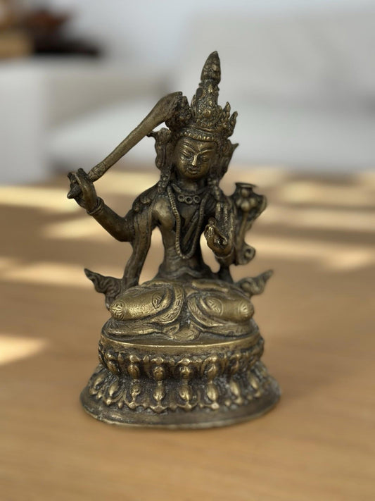 Antique Tibetan Bronze Manjushri Bodhisattva Statue w Sword Nepal Wisdom Deity