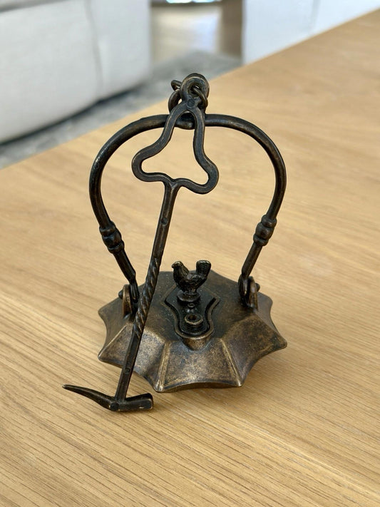 Antique European Bronze Miners Oil Lamp Chicken Rooster Hanging Light Patina