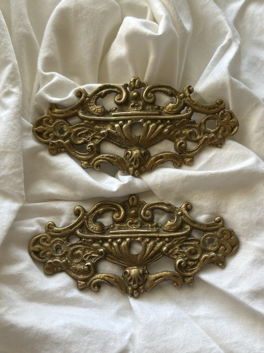 Antique Ornate Brass Furniture Mounts Pair 6” Rococo Baroque Gilt Hardware