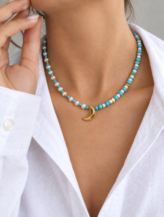 Pearl and turquoise choker with gold moon
