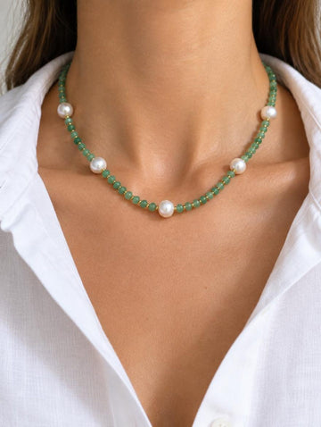 Green aventurine and pearl choker