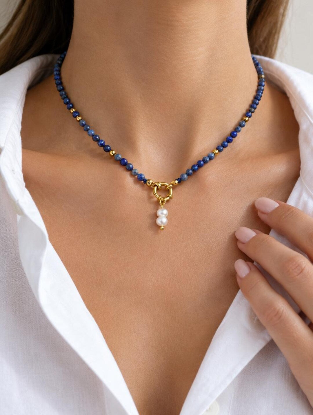 Lapis lazuli choker with pearl charm