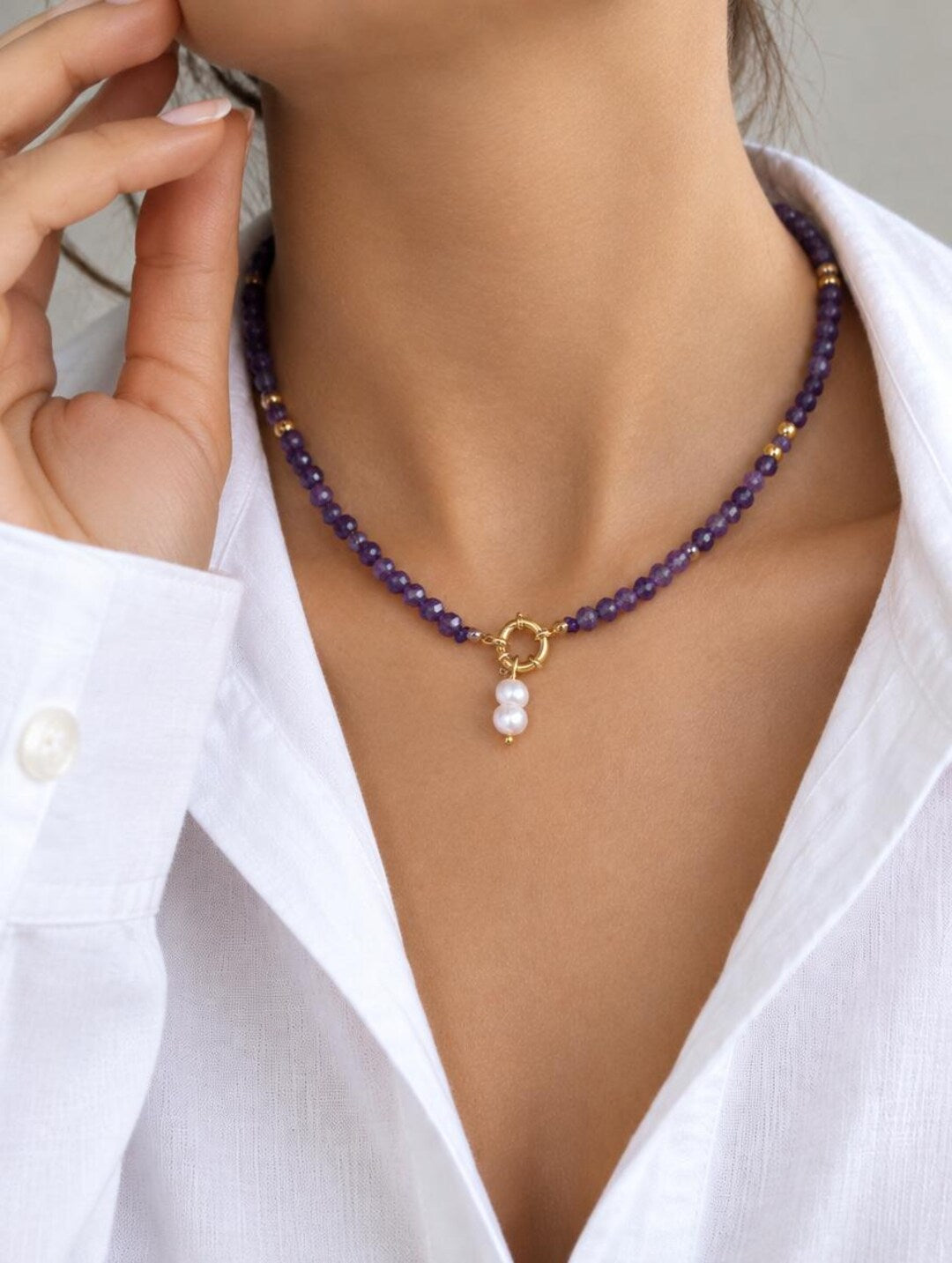 Amethyst choker with freshwater pearl drop