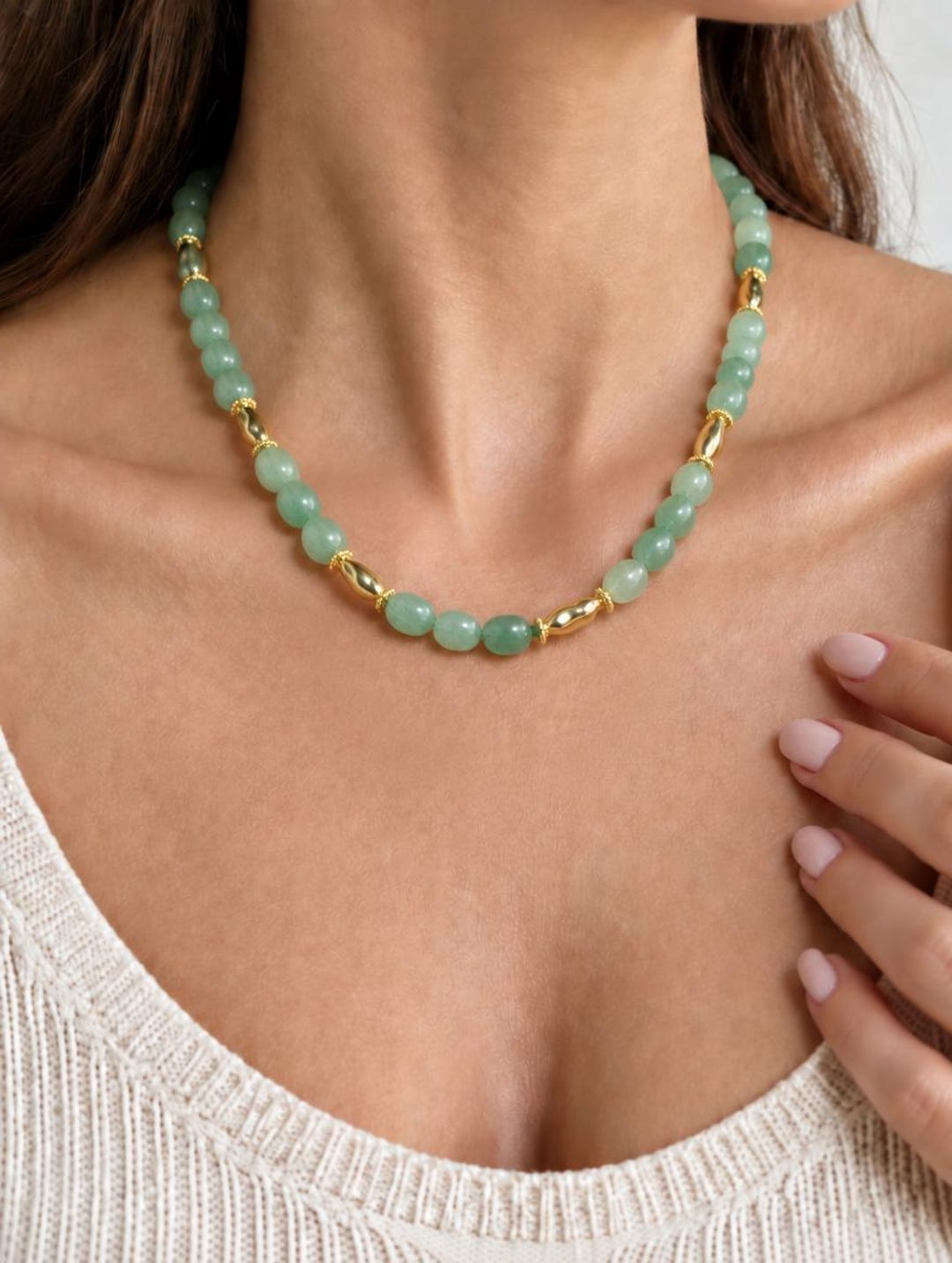 Green aventurine beaded necklace with brass nuggets