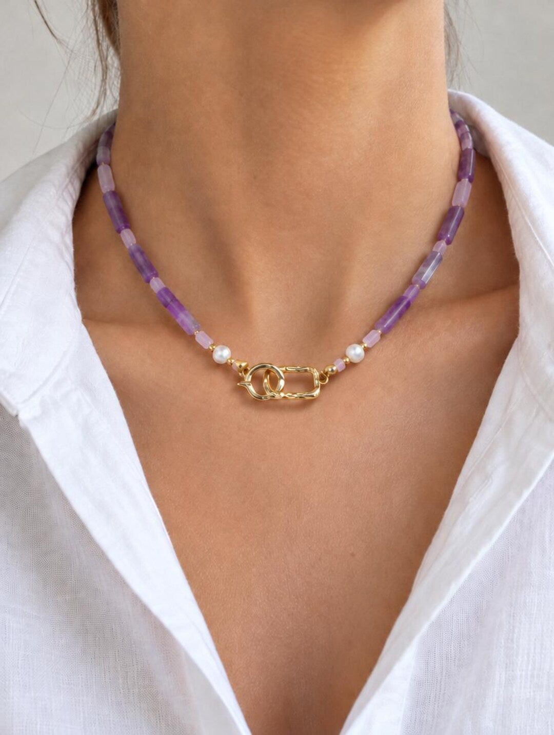 Amethyst and freshwater pearl beaded necklace